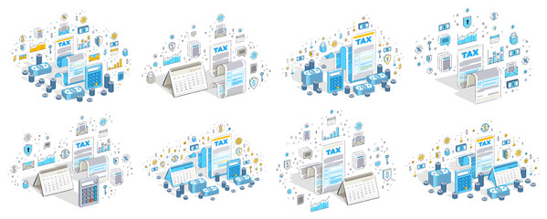 Taxation concept 3D vector designs set isolated on white background, stylish business and finance theme illustrations collection.