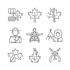 Canadian representation linear icons set. Official country symbols. National heritage. Customizable thin line contour symbols. Isolated vector outline illustrations. Editable stroke