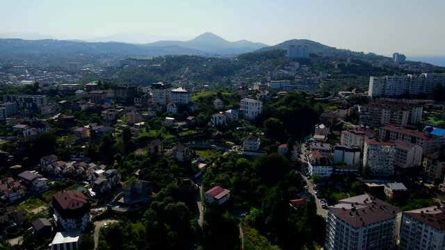  The modern Russian resort of Sochi on the Black Sea. Sochi aerial panoramic view