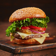 Homemade burger with beef, cheese and onion marmalade on a wooden board. Fast food concept, american food