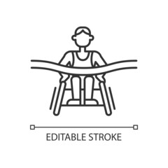 Disabled athletes linear icon. Famous canadian marathon disabled runners. Parasports. Thin line customizable illustration. Contour symbol. Vector isolated outline drawing. Editable stroke