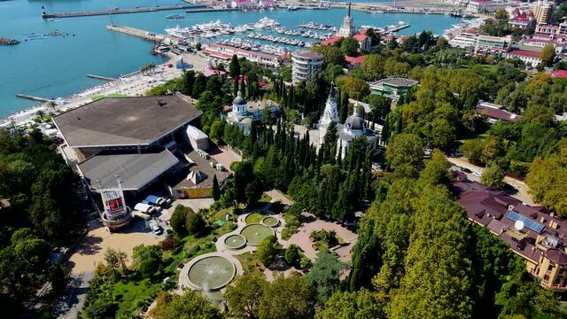  The modern Russian resort of Sochi on the Black Sea. Sochi aerial panoramic view