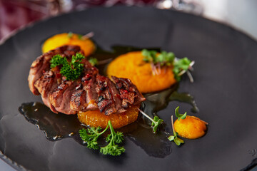 food, meat, meal, dinner, plate, pork, chicken, dish, cuisine, gourmet, grilled, beef, vegetable, cooked, fried, roasted, delicious, sauce, tomato, salad, restaurant, seafood, steak, lunch, closeup