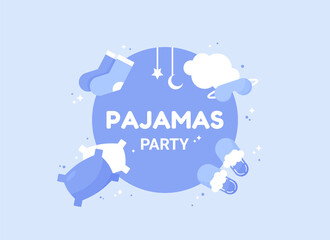 Colored pajama party banner with you're invited to pajama party. Poster with text. Flat design. Blue and white