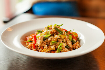 food, rice, meal, dinner, fried, vegetable, plate, meat, dish, salad, cuisine, pork, chicken, vegetables, thai, lunch, spicy, delicious, healthy, pepper, hot, gourmet, couscous, bowl, diet