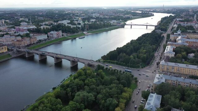 Bird eye view of Tver, Russia. Savior Transfiguration Cathedral and Tver Regional Picture Gallery seen from above.
