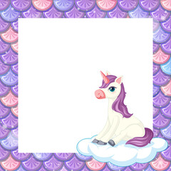 Blank pastel purple fish scales frame template with cute unicorn sitting on the cloud
