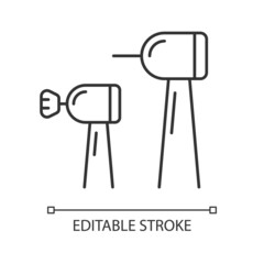 Cosmetic dentistry linear icon. Dental drill. Polishing brush. Cleaning decayed enamel. Thin line customizable illustration. Contour symbol. Vector isolated outline drawing. Editable stroke