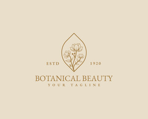 Botanical Hand Drawn Logo with Wild Flower and Leaves. Logo for spa and beauty salon, boutique, organic shop, wedding, floral designer, interior, photography, cosmetic. Floral element