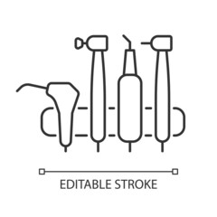 Dental machine unit linear icon. Medical tools for dentist. Orthodontic instruments. Thin line customizable illustration. Contour symbol. Vector isolated outline drawing. Editable stroke