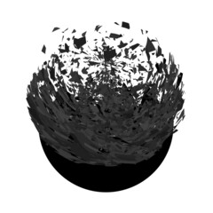Explosion Cloud of Black Pieces on White Background. Sharp Particles Randomly Fly in the Air. Big Burst. Circle Explode