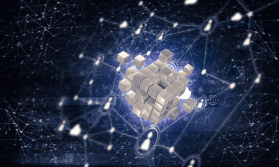 Concept of Internet and networking with digital cube figure on dark background