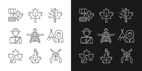Canadian representation linear icons set for dark and light mode. Official country symbols. National heritage. Customizable thin line symbols. Isolated vector outline illustrations. Editable stroke