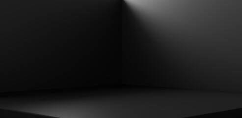 Black corner room background and empty interior dark wall on abstract  blank floor space indoor backdrop wallpaper with showroom of product template or podium pedestal scene studio. 3D rendering.