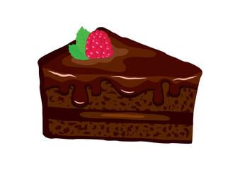 Slice of chocolate cream cake with raspberry and mint leaf icon vector. Delicious chocolate raspberry cake icon vector isolated on a white background