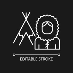 Inuit population white linear icon for dark theme. Indigenous peoples of Canada. Thin line customizable illustration. Isolated vector contour symbol for night mode. Editable stroke