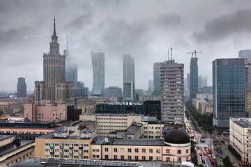 Fototapeta na wymiar Warsaw, Poland panorama, dark clouds and fog