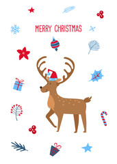 Naklejka premium merry christmas xmas happy new year festive greeting card template background in blue red and white color palette, vector illustration graphic