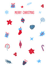 merry christmas xmas happy new year festive greeting card template background in  blue red and white color palette, vector illustration graphic