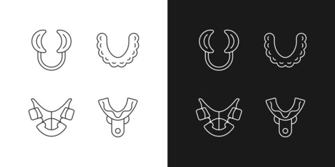 Orthodontic appliances linear icons set for dark and light mode. Realigning teeth device. Cheek retractor. Customizable thin line symbols. Isolated vector outline illustrations. Editable stroke