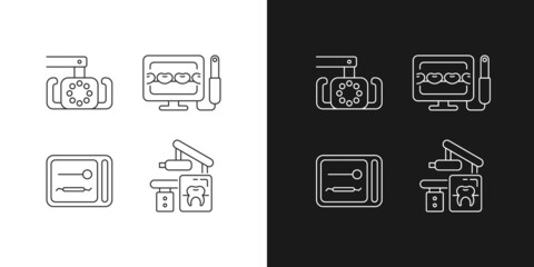 Dental devices linear icons set for dark and light mode. Lightening oral cavity. Intraoral camera. Customizable thin line symbols. Isolated vector outline illustrations. Editable stroke