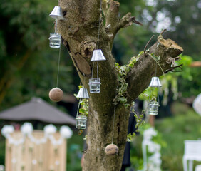 decorated tree at a garden, park. glass of candle.