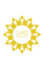 Poster, background with flowers and foliage of tulips. Ornament from silhouettes of spring flowers. Wreath, frame with place for text. Yellow color template for invitations and cards. Vector.