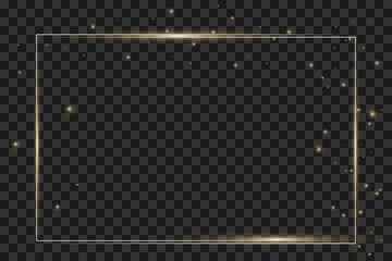Glowing vintage gold frame with shadows isolated on transparent background. Rectangular frame with lights effects. olden luxury realistic rectangle border. Vector