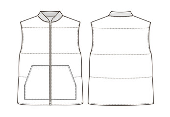 Fashion technical drawing of  puffer vest with zip