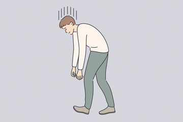 Overwork, tiredness, exhaustion at work concept. Young tired stressed businessman cartoon character walking with hand and back down vector illustration 