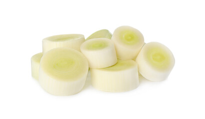 Fresh raw leek slices on white background