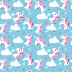 Seamless pattern with unicorn, clouds, flowers and hearts