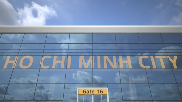 HO CHI MINH CITY name and landing airplane at airport terminal