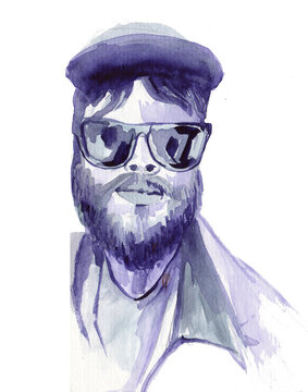 Watercolor hand drawn bearded man in sunglasses and cap. Handsome boy hippy. Portrait in paint. Cowboy, village or countryside. Monochrome, blue and white. Raster stock illustration in aquarelle.