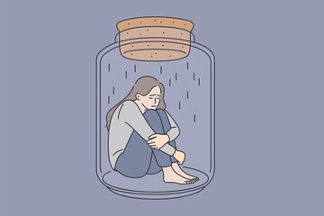 Depression and mental health concept. Young stressed sad woman sitting in glass jar embracing knees feeling bad vector illustration 