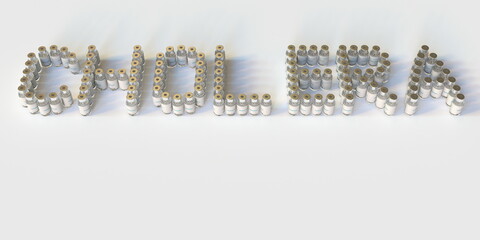 Glass vials compose CHOLERA text on white background, conceptual 3D rendering