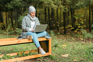 Fototapeta premium Young asian muslim woman using laptop at autumn park. Online education, online shopping and social networks concept.