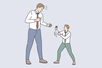 Business rivalry and contest concept. Big and little businessmen standing towards each other fighting defending and beating vector illustration 