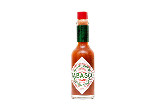 BERLIN - SEPT 18: Small bottle of Tabasco sause isolated on white in Berlin, September 18. 2021 in Germany. Tabasco is an American brand of hot sauce.