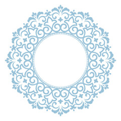 Decorative frame Elegant vector element for design in Eastern style, place for text. Floral blue and white border. Lace illustration for invitations and greeting cards