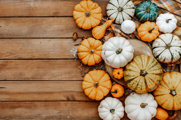Autumn background with colorful pumpkins. Fall, Halloween and Thanksgiving concept.
