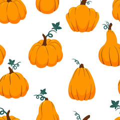 Orange pumpkins of various shapes seamless pattern. Thanksgiving, harvest and Halloween autumn background. Cartoon vector fall texture.