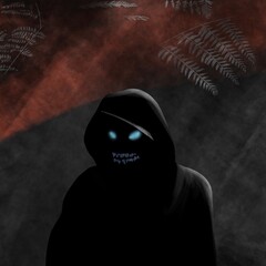 creepy man silhouette with glowing eyes and smile in jungle