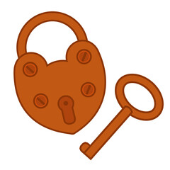 Rust-colored iron padlock with key