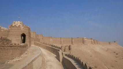 Scenic landscape view of Kot Diji ancient fort access ramp and ramparts, Khairpur, Sindh, Pakistan