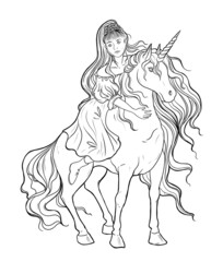 Beautiful princess ride on unicorn. Fairytale character design. Black and white vector illustration