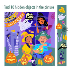 Find 10 hidden objects in the picture. Happy Halloween. Girl and boy eating sweets in room with pumpkins. Puzzle game with hidden elements. Vector illustration.