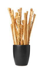 Delicious grissini sticks in cup on white background