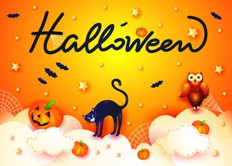 Halloween background with cat, pumpkin, owl and text on orange. Vector illustration eps10