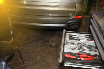 Box with tools in a car service, service with professional tools